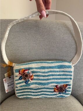 Made in India Beaded Blue & White Striped Shoulder Bag with Crab design